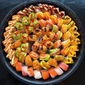 sushi catering from Sushi Sushi. Signature roll sushi party tray.