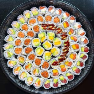Traditional roll party tray from Sushi Sushi catering.